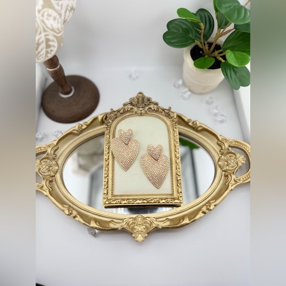 Statement Heart Earrings | Gold-Tone Rhinestone Drop Dangles - Picture 8 of 9